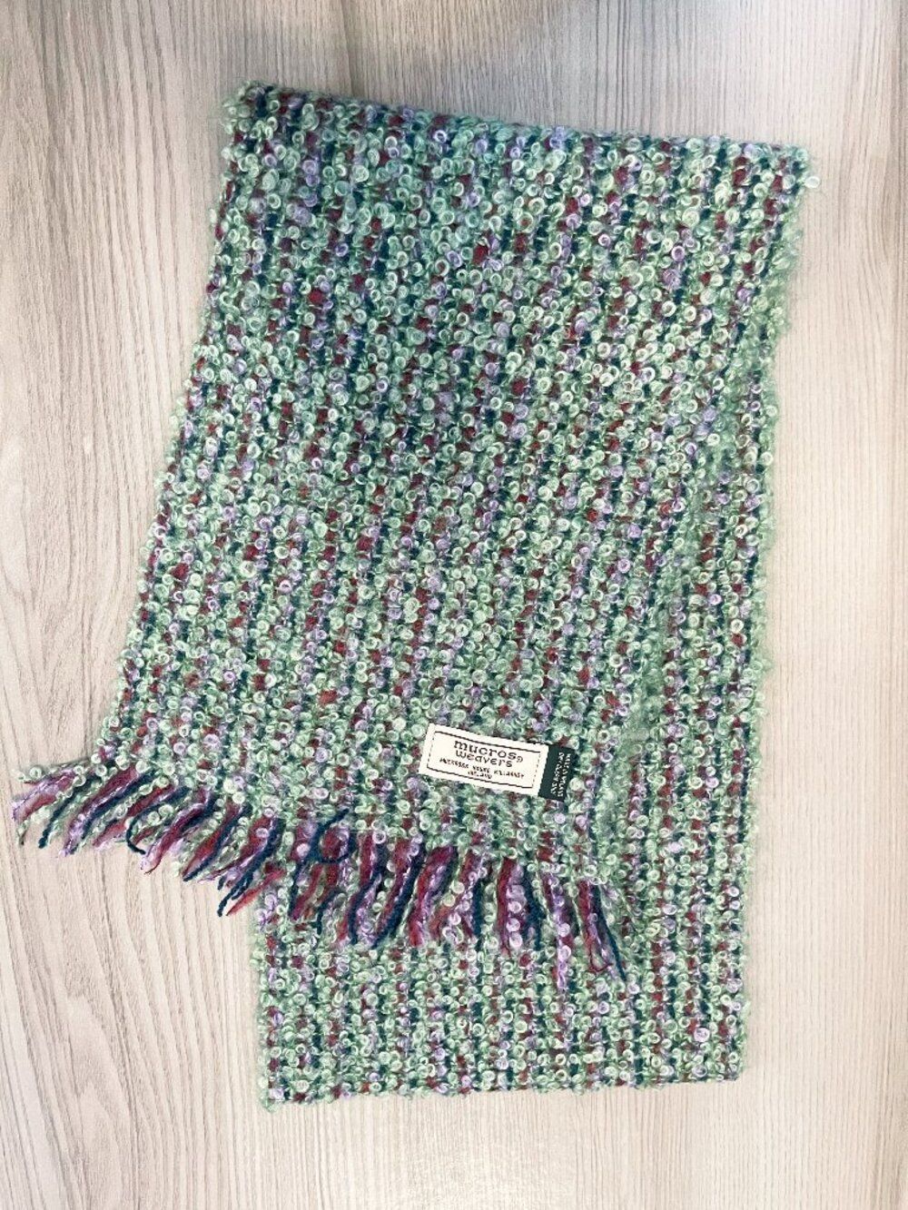 Mucros Weavers Ireland Bouclé Wool Scarf Green Purple Fringe Cozy Wrap